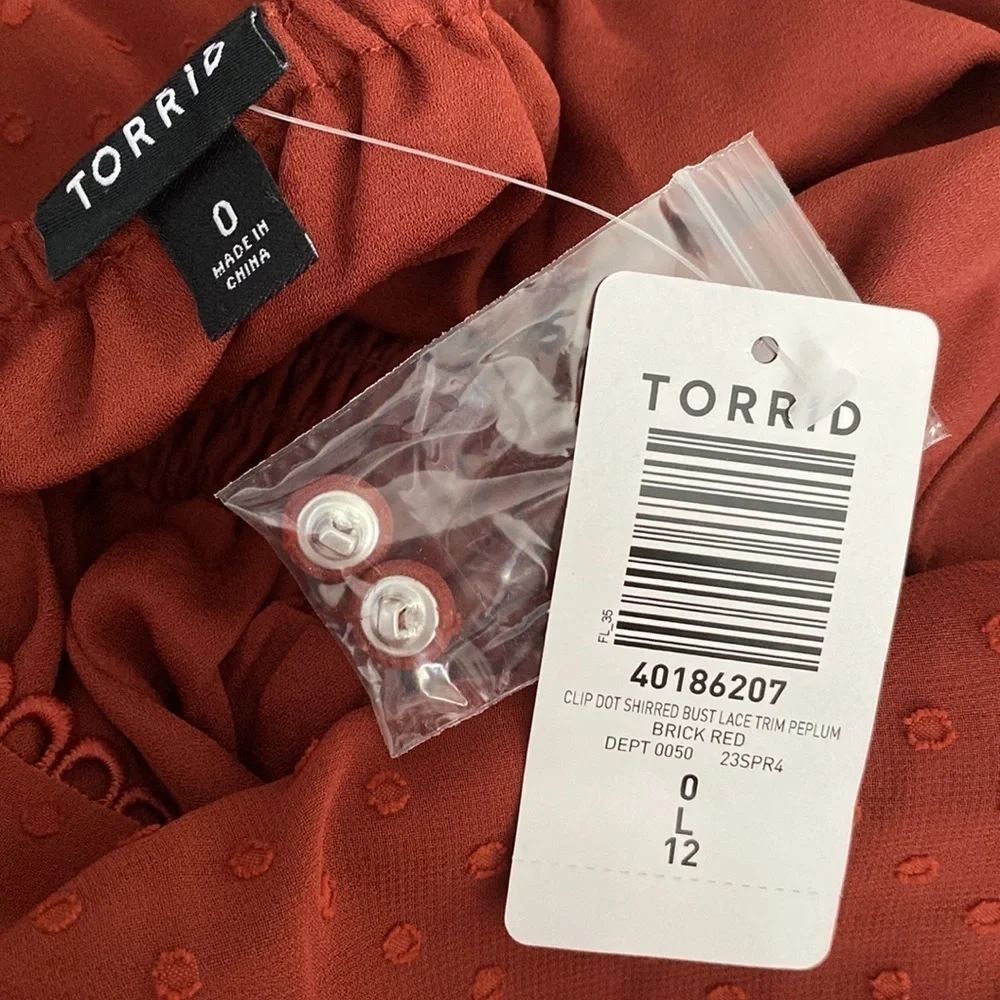 Torrid - Peplum Clip Dot Shirred Bust Lace Trim Top in Brick Red​​​​​​​​​ - Picture 7 of 12